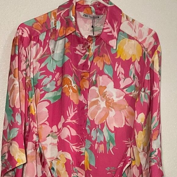 ZARA Pink Floral Printed Satin/Sarin Effect Floral‎ Kimono Dress NWT - XS - Picture 6 of 7